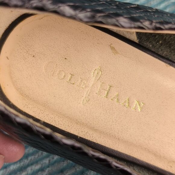 Cole Haan Morgan Peep Toe Ballet Flats Black Leather Uppers Embossed Snakeskin - Picture 12 of 16